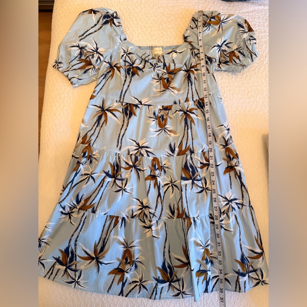Melloday Light Blue Palm Print Puff Sleeve Dress with Pockets — Size XL - Picture 3 of 10